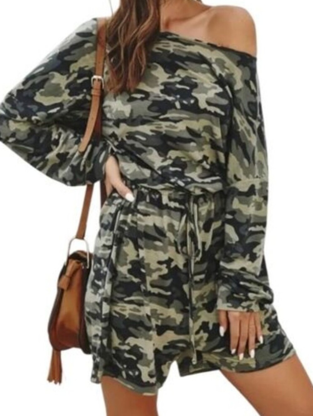 C+D+M Collection Camo Print Off Shoulder Drawstring Romper Playsuit Size SM NWT